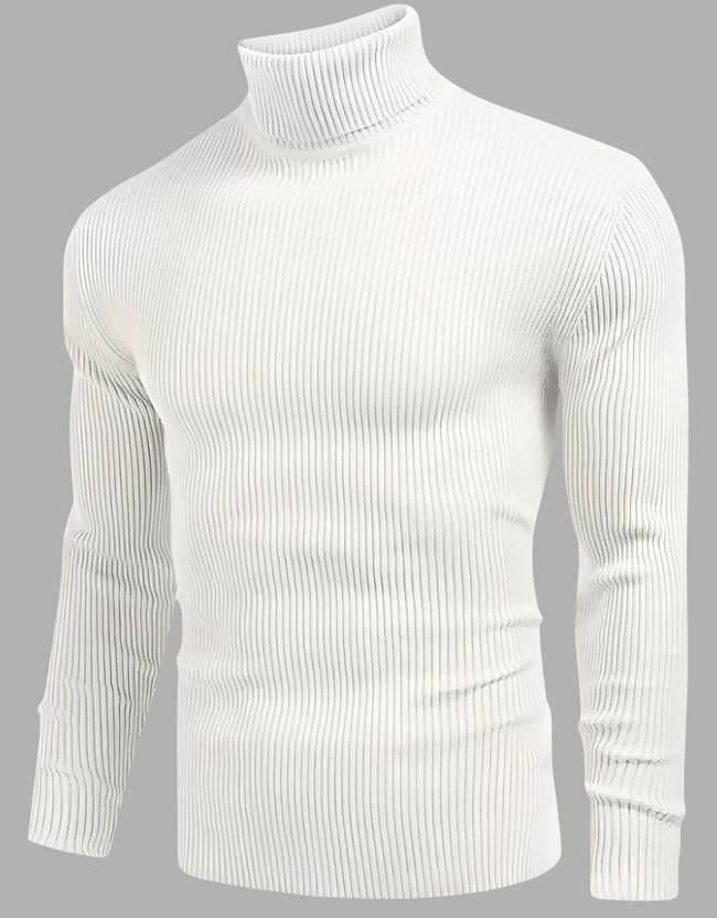Men Woven High Neck White Sweater