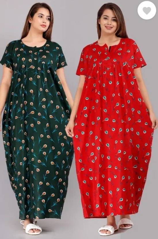 Pack of 2 Women Nighty  (Dark Green, Red)