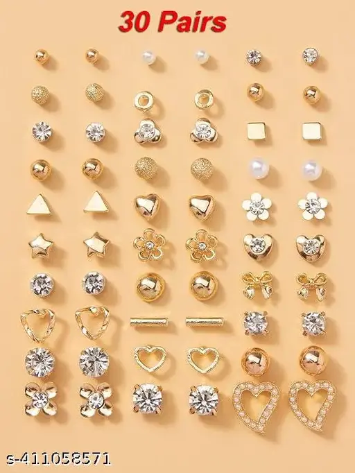 RARE 1 Jewellery For Women Girls Gold Plated Multicolor Pearl & AD Studs Combo of 30 Quirky Pairs