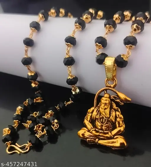 trending stylish new religious gold plated lord Hanuman bajarangBali Bala ji locket with black glass mala chain pandent Necklace for boys/men and girls/women